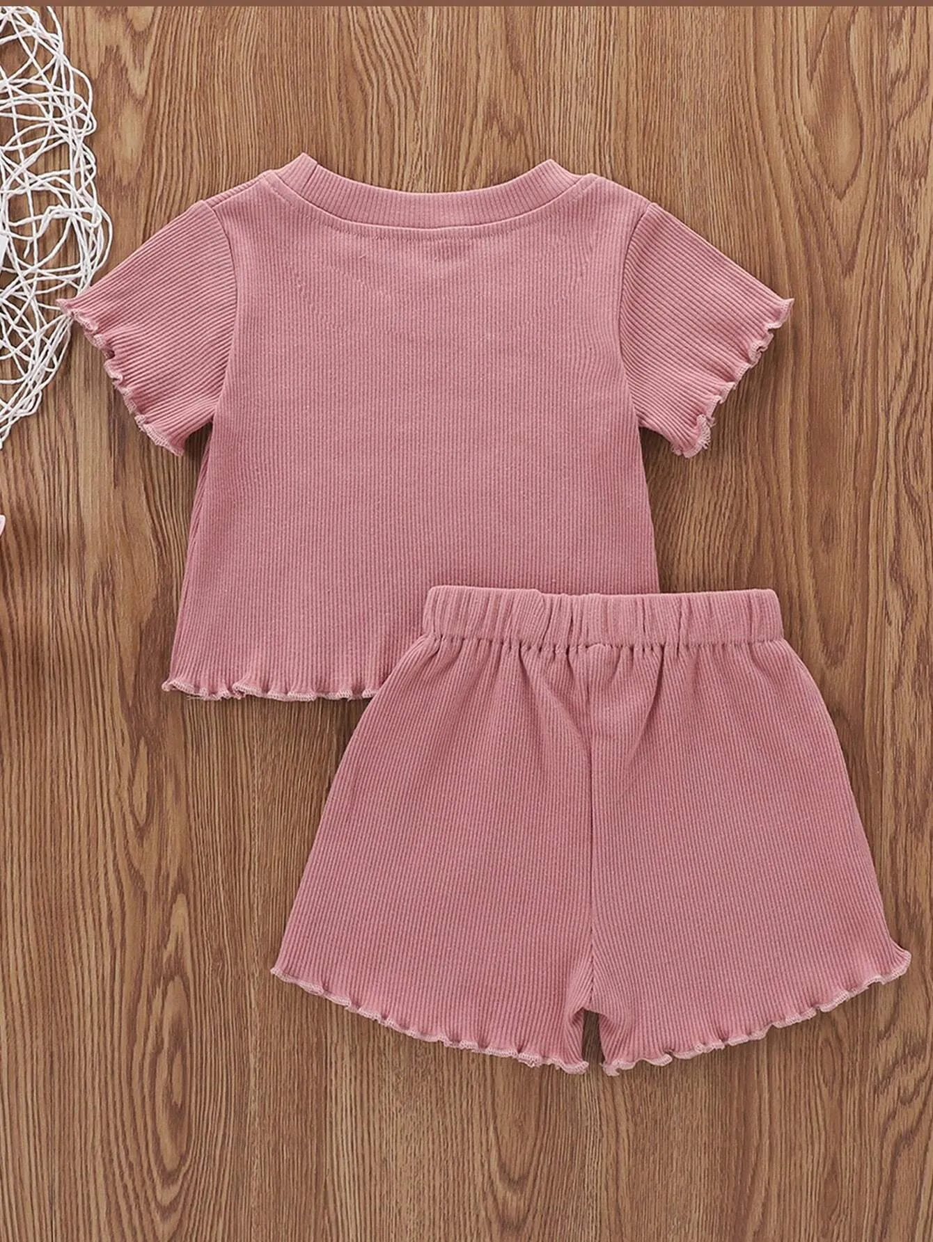 2Pcs Toddlers Girls Clothes Suit Solid Color Ribbed O-Neck Short Sleeves Tops   Elastic Waist Shorts Outfits