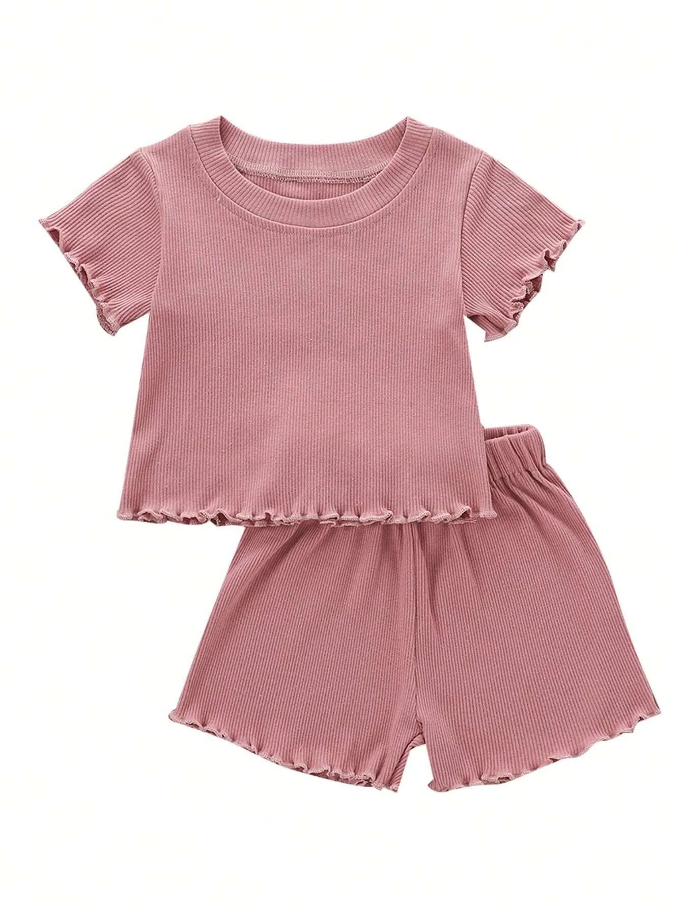 2Pcs Toddlers Girls Clothes Suit Solid Color Ribbed O-Neck Short Sleeves Tops   Elastic Waist Shorts Outfits