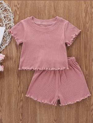 2Pcs Toddlers Girls Clothes Suit Solid Color Ribbed O-Neck Short Sleeves Tops   Elastic Waist Shorts Outfits