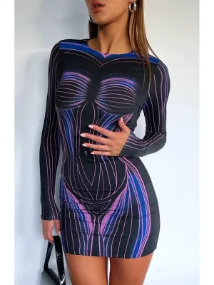 3d Body Printed Bodycon Dress Casual for Women Fall 2023 Fashion Long Sleeve Short Dresses Female Clothing C74-BH22