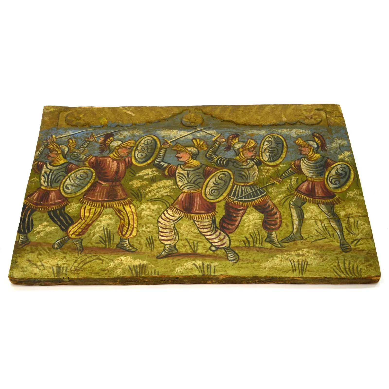 Antique c.19th FOLK ART PAINTING on CARVED SALVAGED WOOD c.17th Spanish Knights?