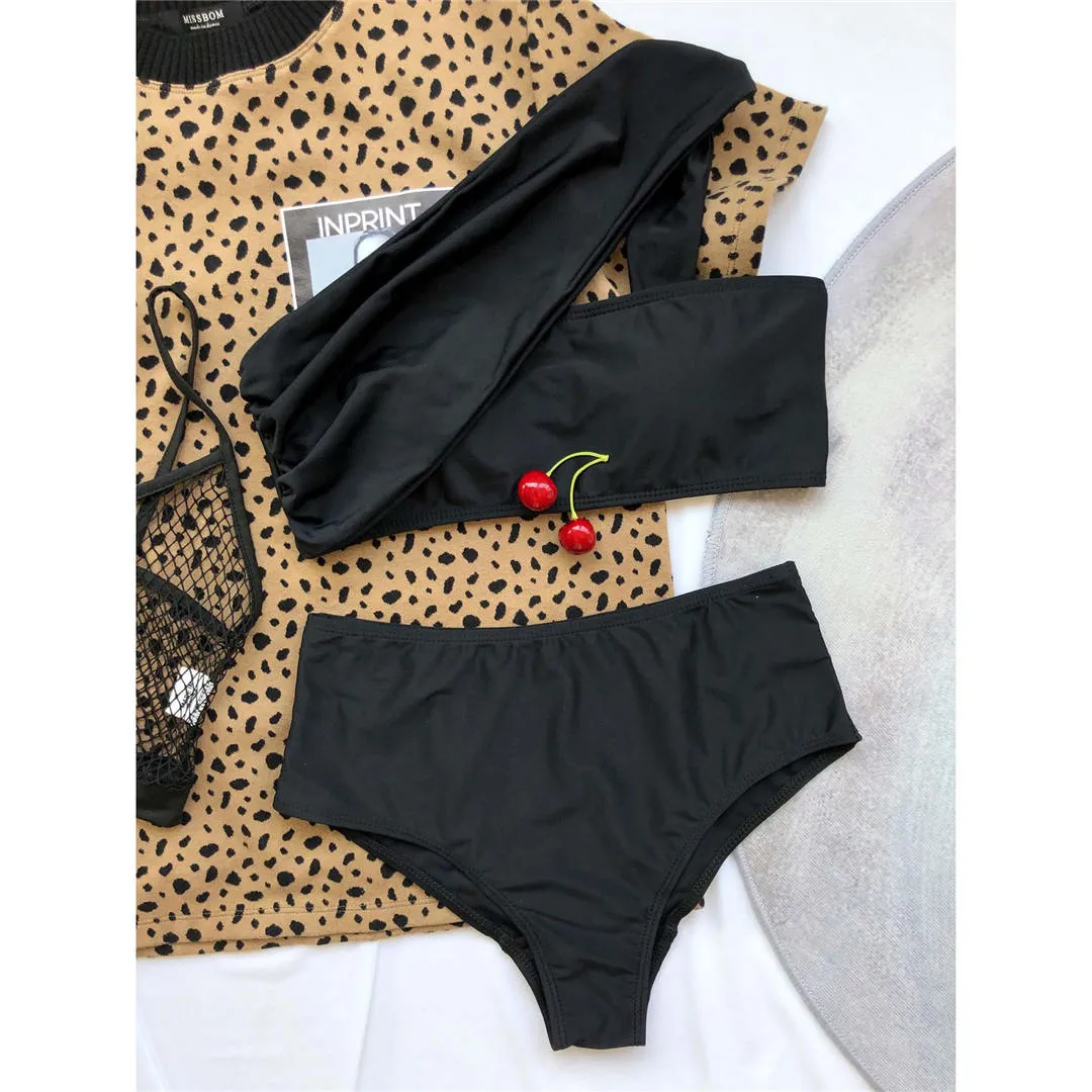 Asymmetric One Shoulder High Waist Bikini Female Swimsuit Women Swimwear Two-pieces Bikini set Bather Bathing Suit Swim V2635