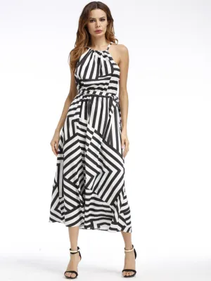 BerryBetty - Black And White Striped Halter Empire Waist Dress