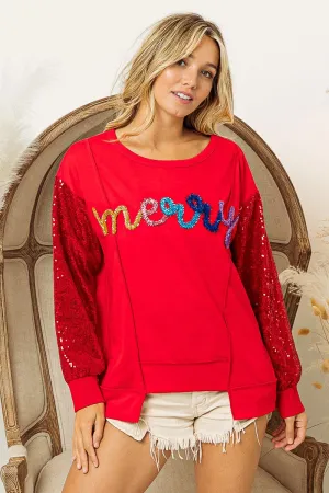 BiBi Metallic Tinsel MERRY Lettered Front with Sequin Sleeves Top in Red