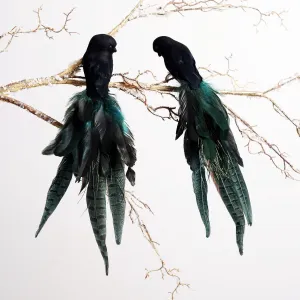 Black & Green Ostrich Feather Clip-On Bird Ornament - Set of 2 Left and Right