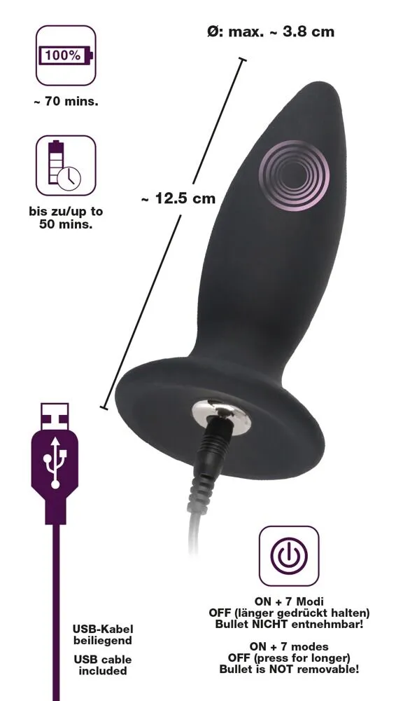 Black Velvet Rechargeable Butt Plug Medium Black