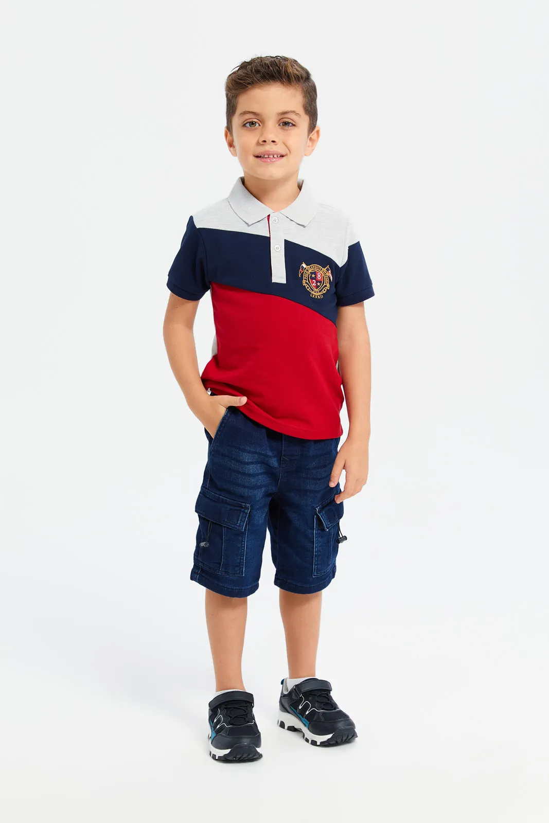 Boys Red Slant Cut And Sew Polo T-Shirt