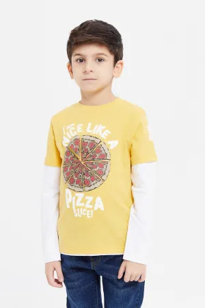 Boys Yellow Pizza Peep Out Long Sleeve Applique T-Shirt