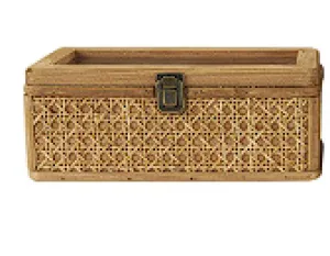 BROWN RATTAN HANDMADE WOVEN RATTAN BOX WITH GLASS TOPS AND BRONZE LATCHES