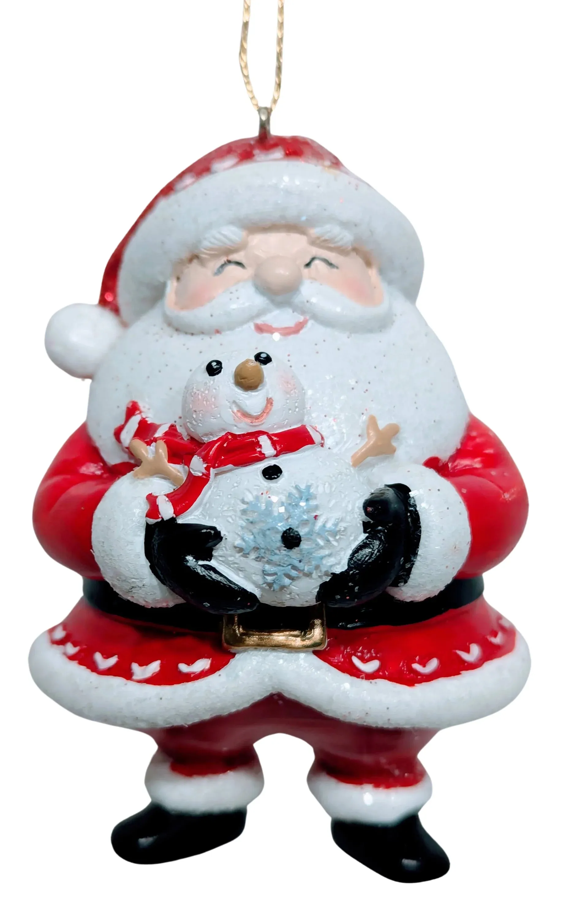 Cheerful Santa Ornament Holding a Snowman