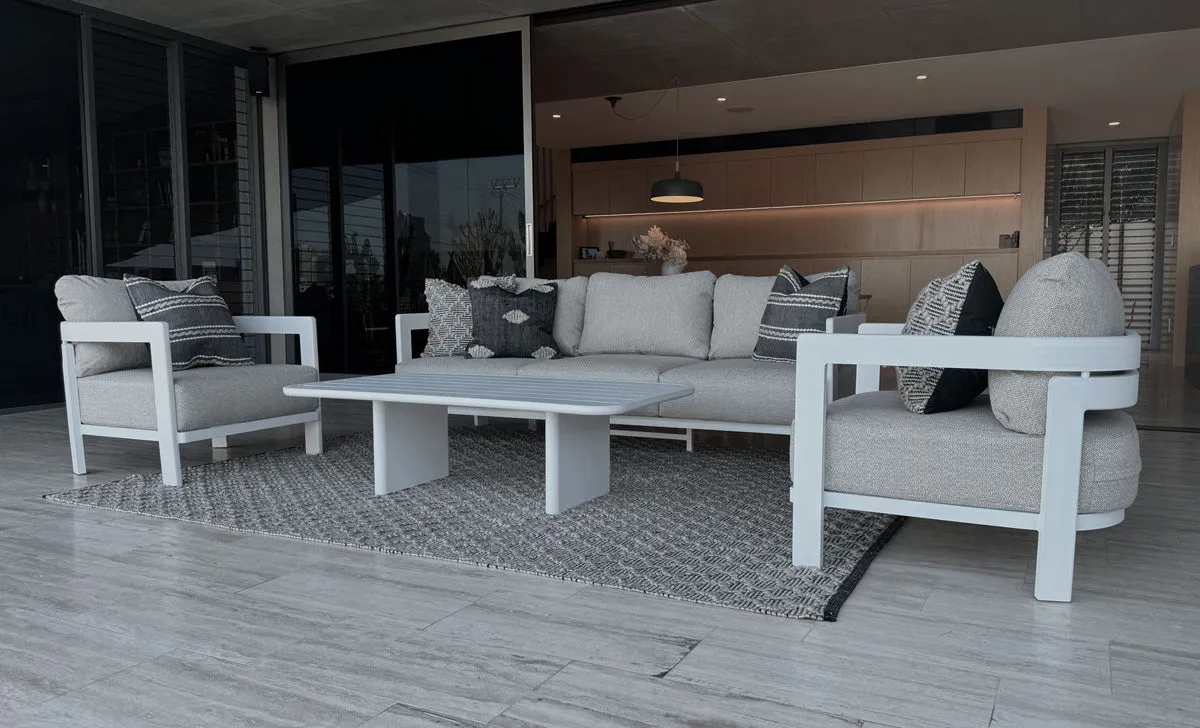 Escape 3 Seater, 2 x Armchair and Coffee Table in Arctic White with Latte Check Spun Polyester Cushions