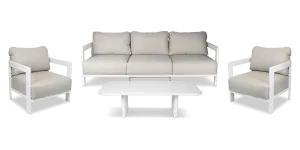 Escape 3 Seater, 2 x Armchair and Coffee Table in Arctic White with Latte Check Spun Polyester Cushions