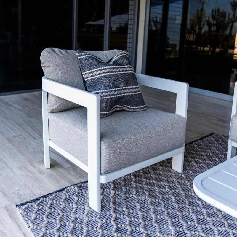 Escape 3 Seater, 2 x Armchair and Coffee Table in Arctic White with Latte Check Spun Polyester Cushions