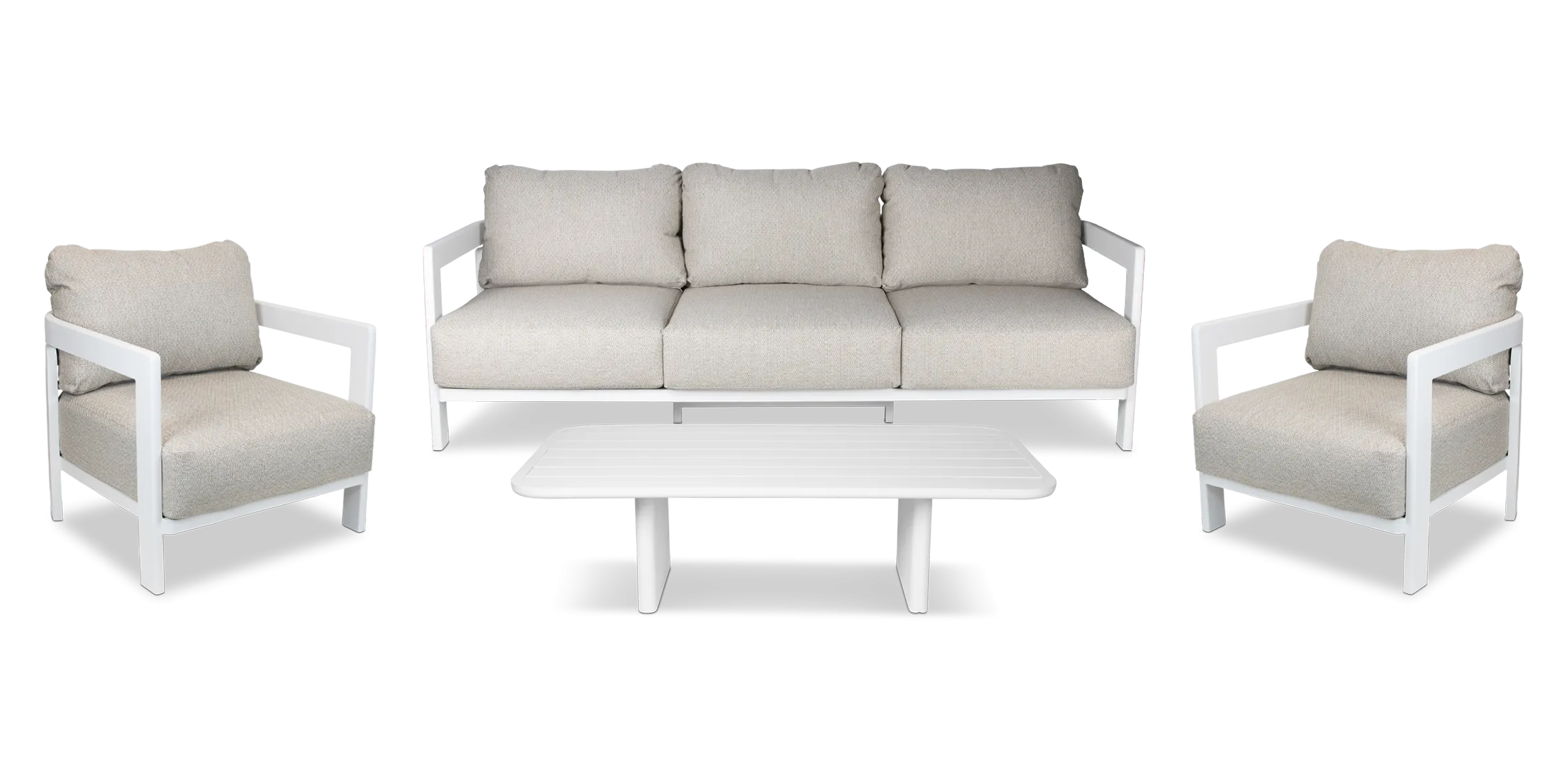 Escape 3 Seater, 2 x Armchair and Coffee Table in Arctic White with Latte Check Spun Polyester Cushions