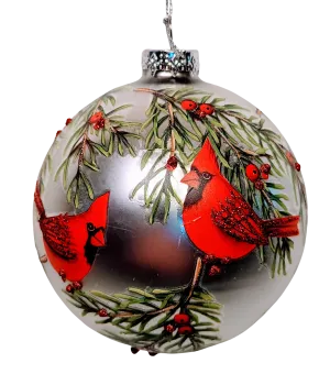 Glass Winter Bird Ornament wit 2 Red Cardinals or 2 Chickadees