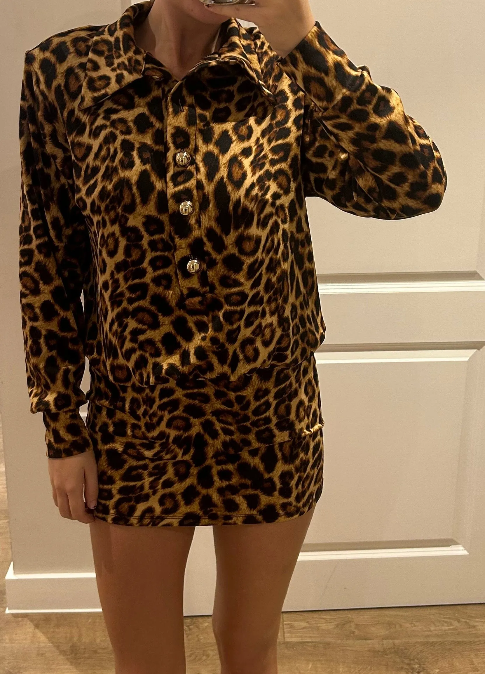 Leopard Gold Button Shirt Dress