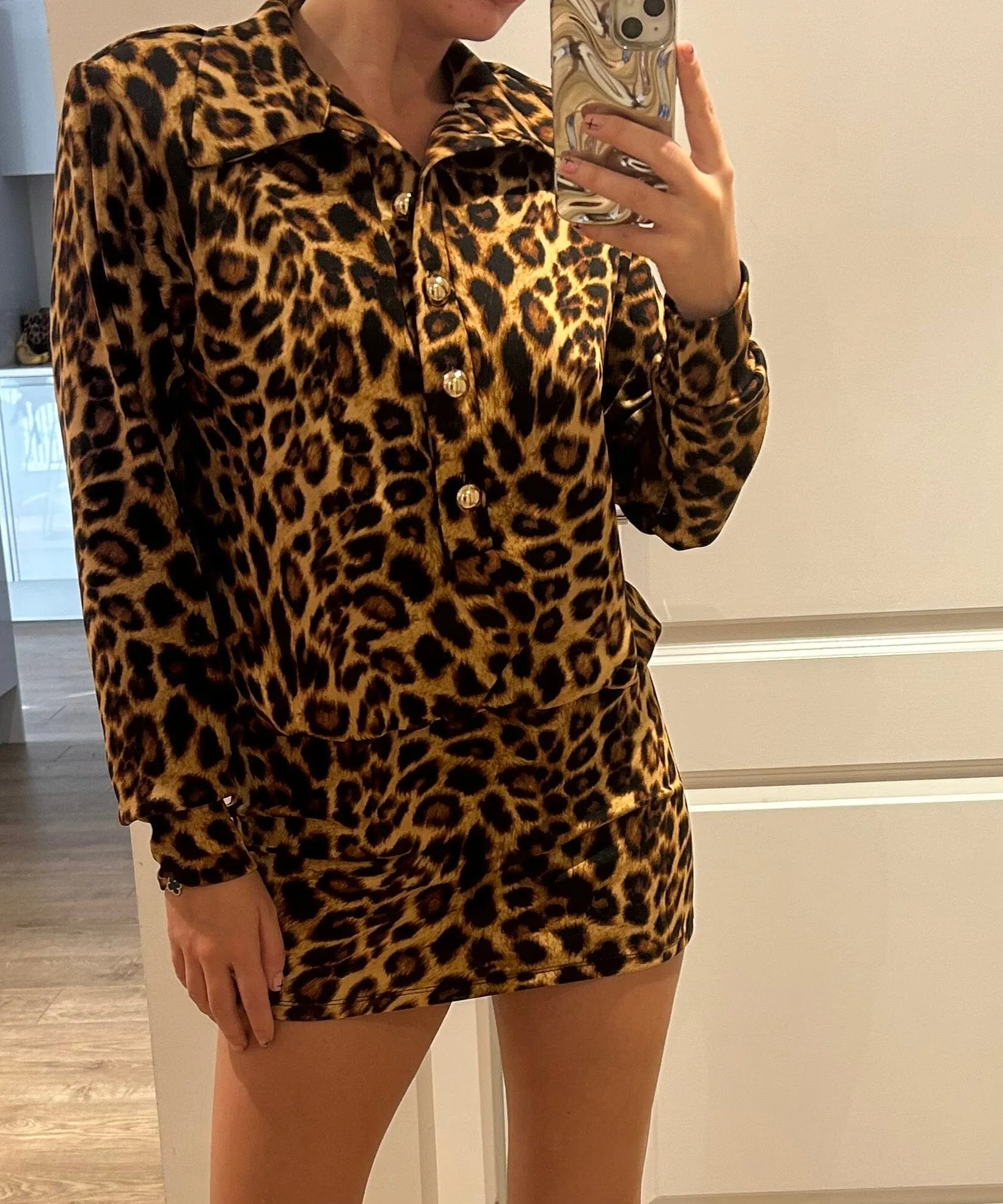 Leopard Gold Button Shirt Dress