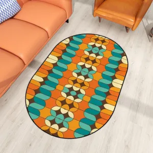 Mid Century Modern Orange Teal Retro Geometric Cool Designed Oval Rug