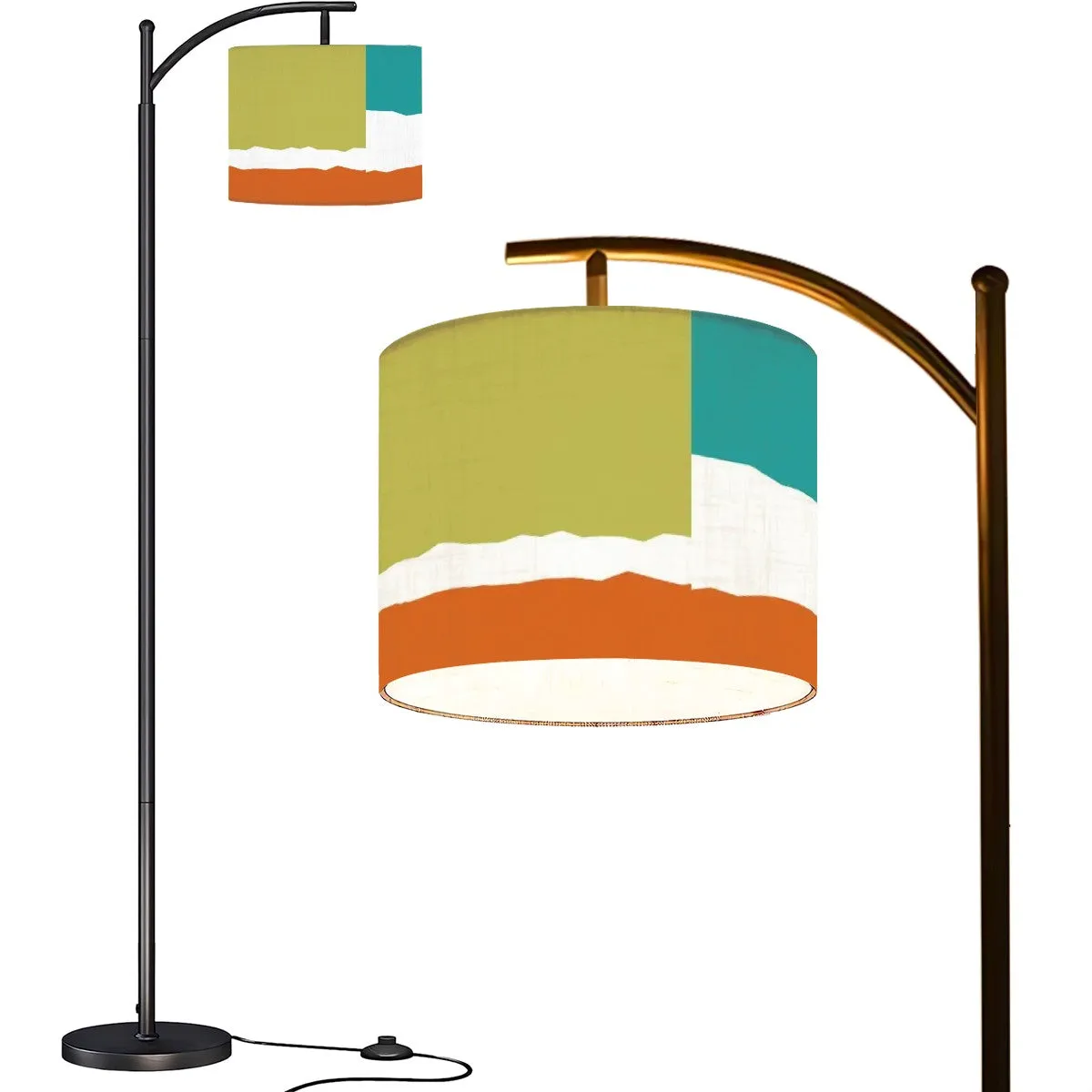 Mid Century Modern Patchwork Green, Teal, Orange MCM Arc Floor Lamp