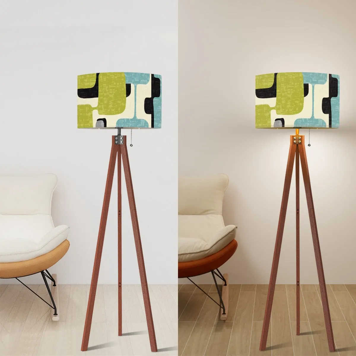 Mid Mod Retro Geometric Green, Aqua, Mid Century Modern Tripod Floor Lamp