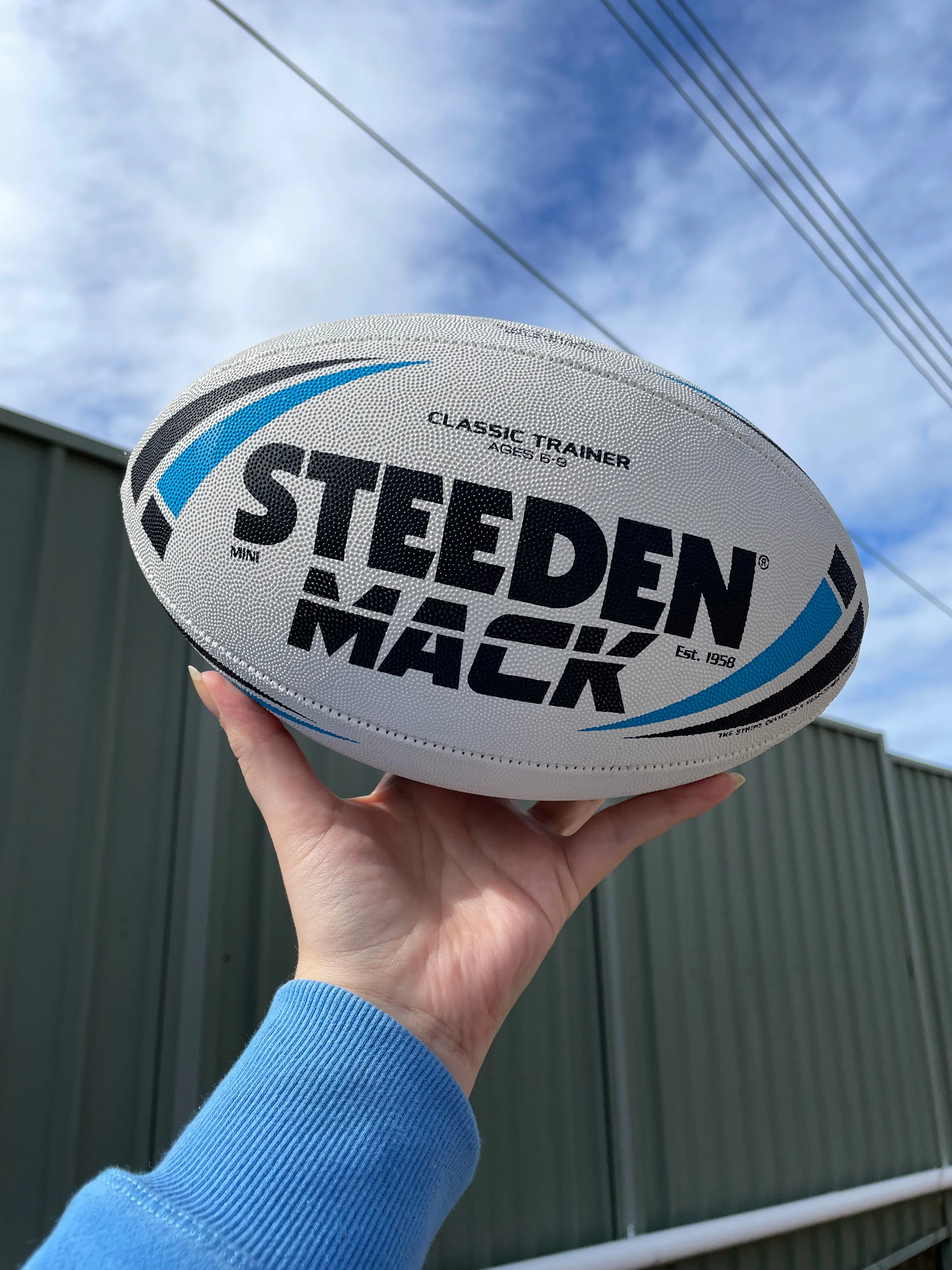 Personalised White/Blue Steeden Rugby League Balls (Mini Size)