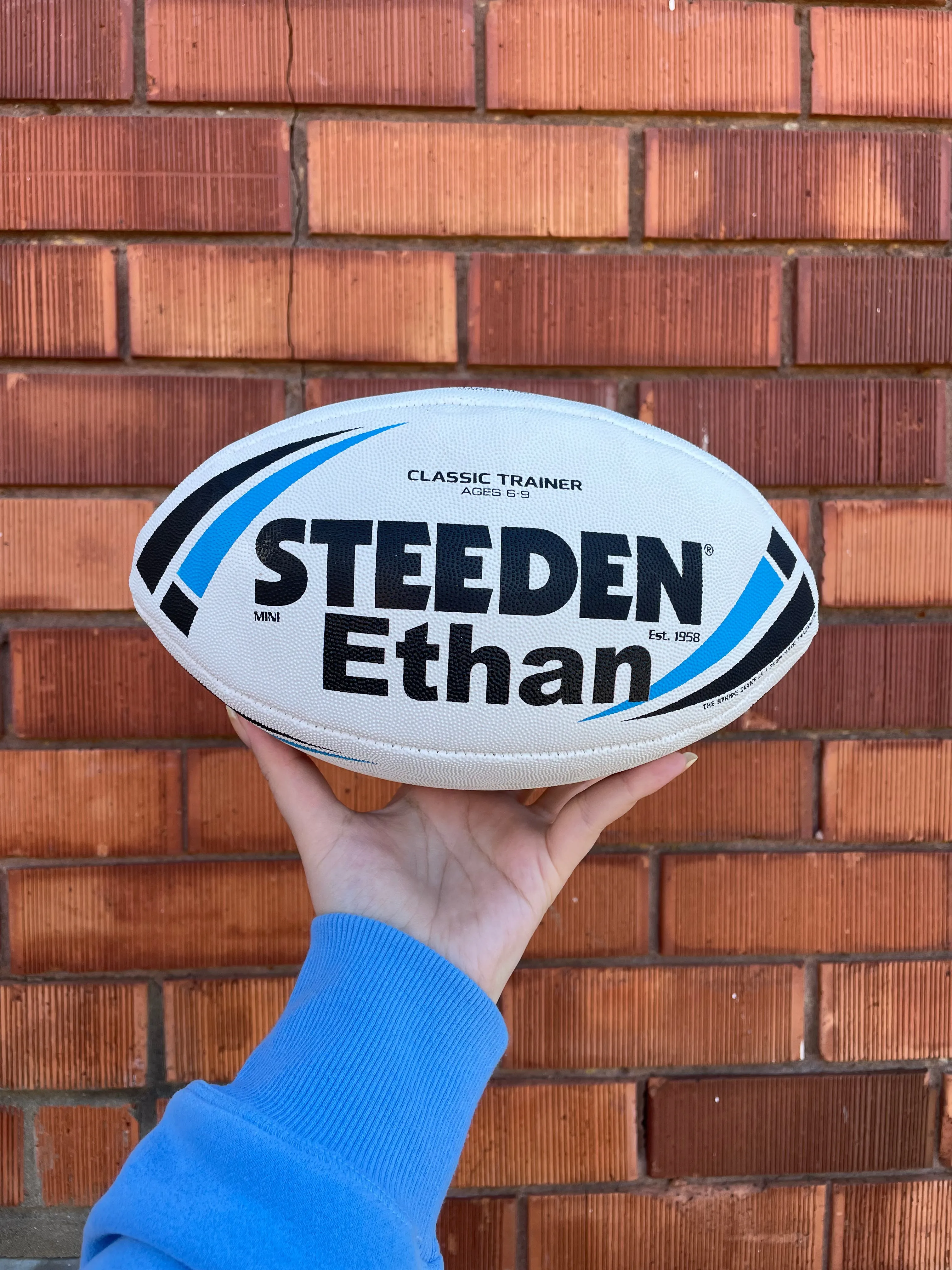 Personalised White/Blue Steeden Rugby League Balls (Mini Size)