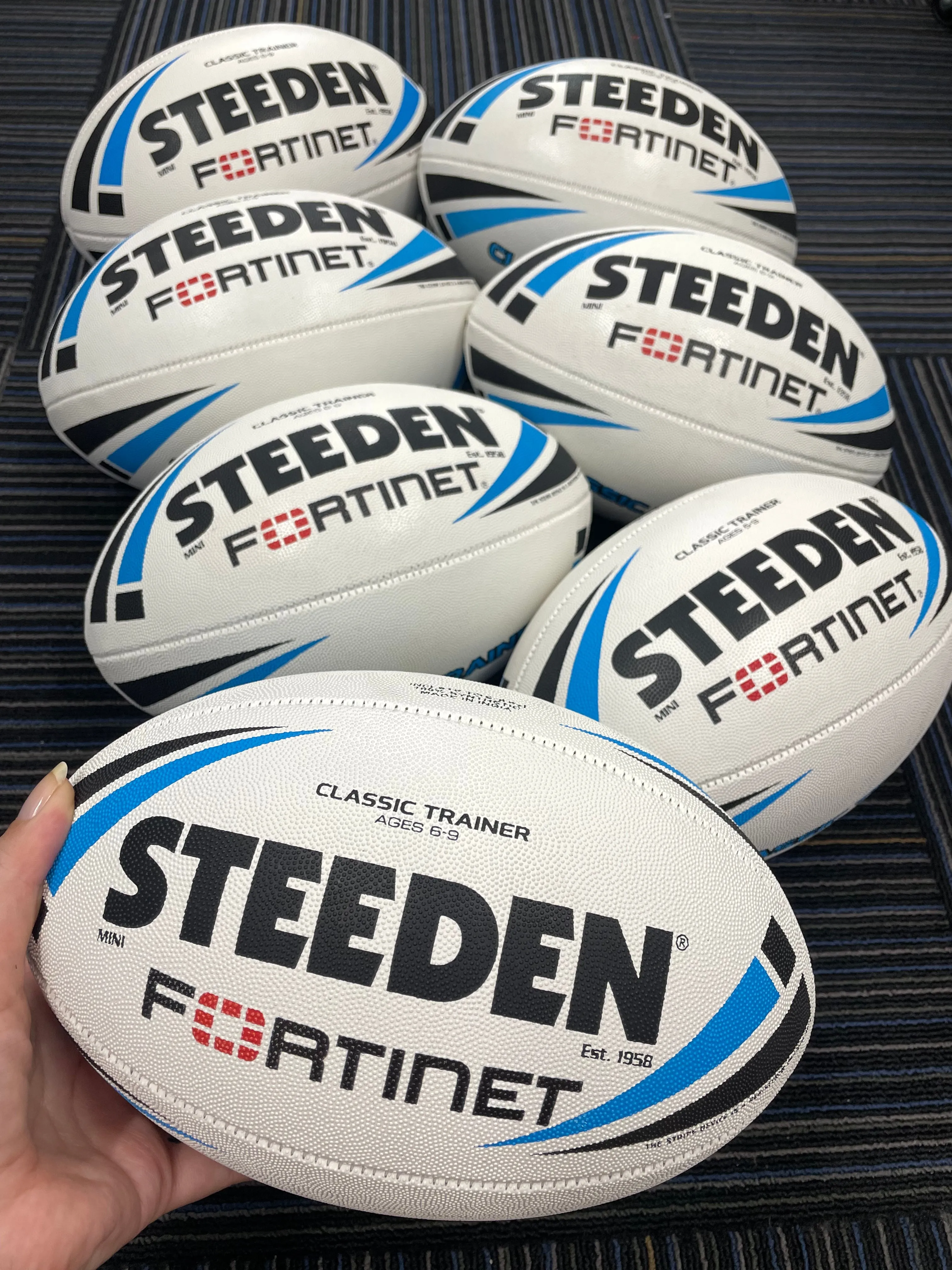 Personalised White/Blue Steeden Rugby League Balls (Mini Size)