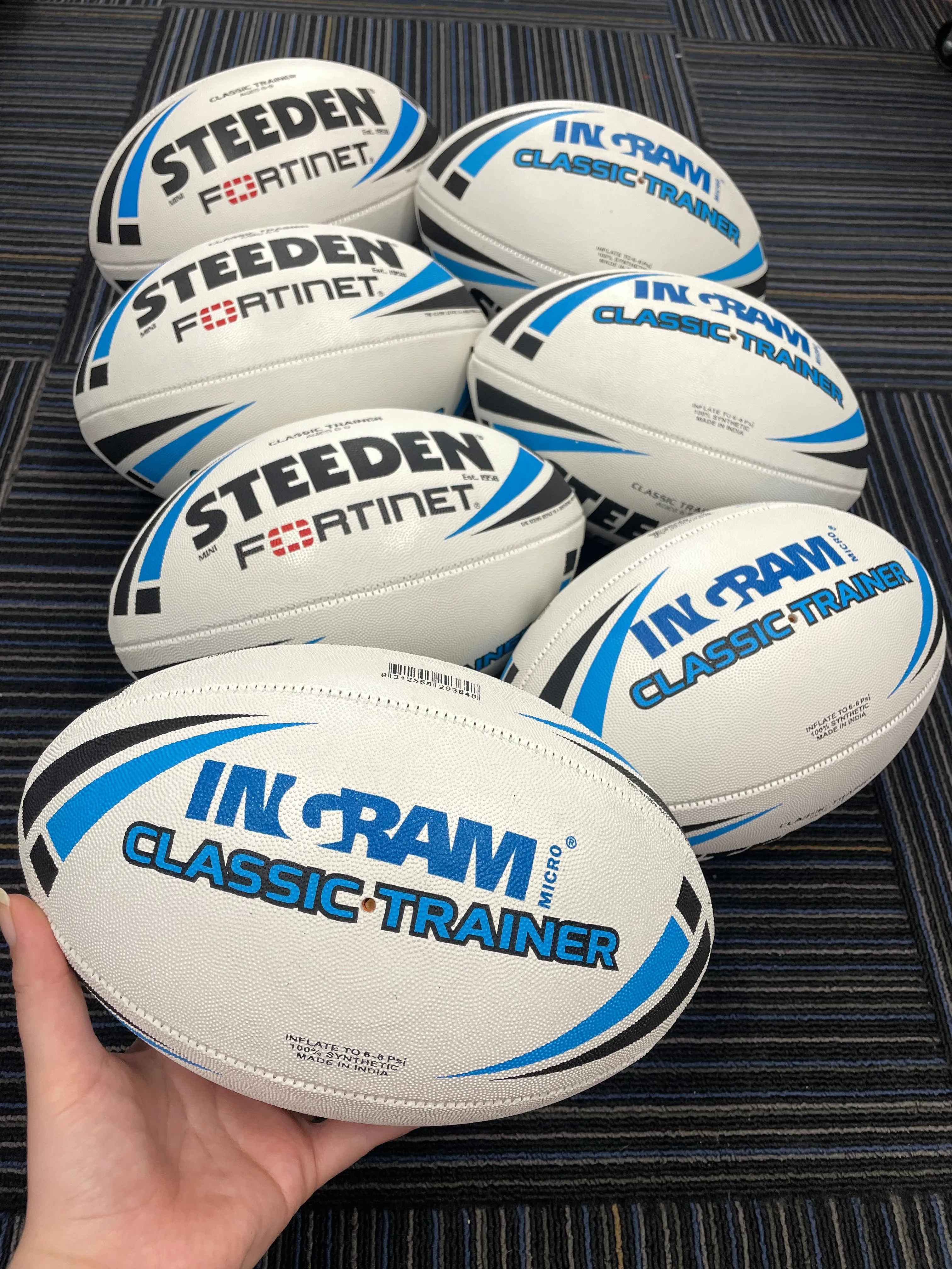 Personalised White/Blue Steeden Rugby League Balls (Mini Size)