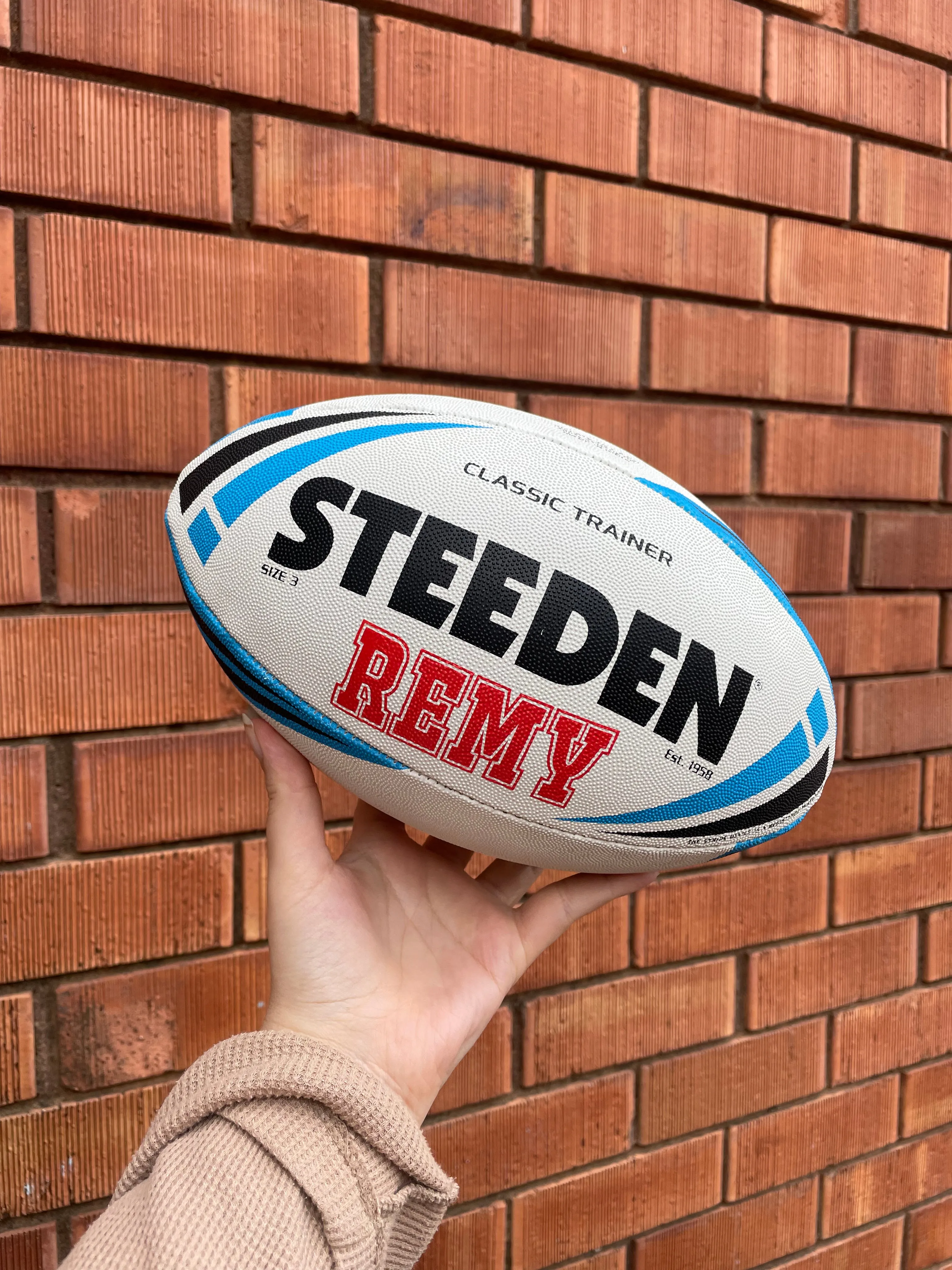 Personalised White/Blue Steeden Rugby League Balls (Mini Size)