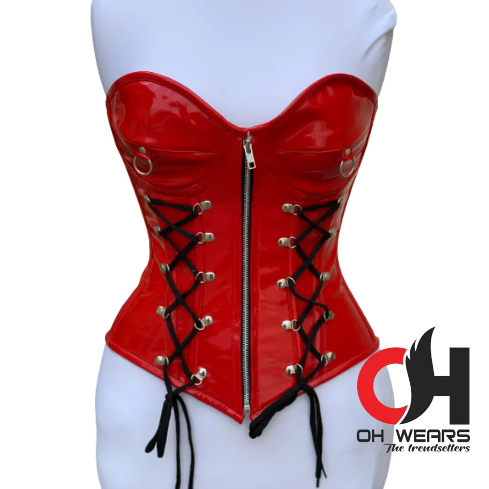 Red PVC Overbust Front Zipper and Lace Up Corset