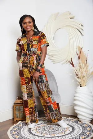 Short Sleeve African Print  Cargo Pant Suit/Jumpsuit - Ulrika