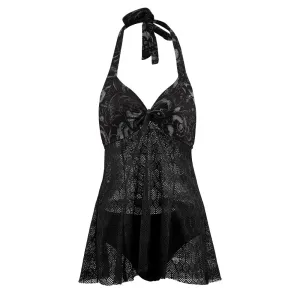 Vampire Art Goth Halter Two Piece Mesh Tankini Swimsuit - Black Lace Print