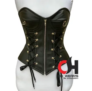 Women Leather Full Zipper Overbust Corset Double Steel Boned Hourglass Shapewear