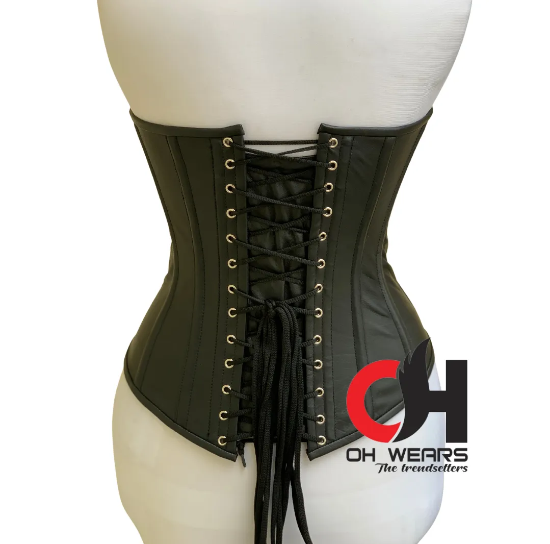 Women Leather Full Zipper Overbust Corset Double Steel Boned Hourglass Shapewear